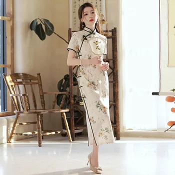 Китайское Элегантное Летнее платье Ципао с цветочным принтом и коротким рукавом, Тонкое платье для вечеринки Чонсам
