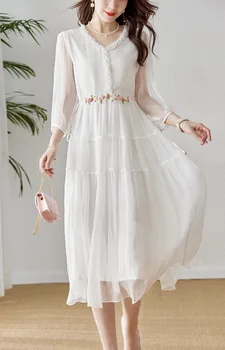 Новая женская одежда на весну и лето 2023, платье с V-образным вырезом и объемным цветочным орнаментом на шнуровке 0510