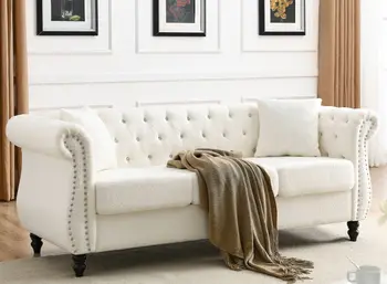 80-дюймовый диван Chesterfield Teddy white для гостиной, 3-местный диван с Ворсистыми Подлокотниками и головкой для гвоздей для гостиной