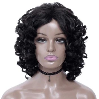 Женские волнистые короткие волосы черного цвета, искусственные волосы из высокотемпературного волокна, Афро-парик для леди