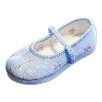 Kruleepo/ Повседневная Обувь Для маленьких девочек в Китайском Стиле, Детские Шелковые Ткани, Вышивка Ручной Работы, Хлопковая Резиновая Обувь Hanfu Mules