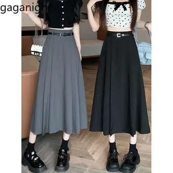 Gaganight Женская длинная юбка в стиле колледжа с высокой талией, Женское лето 2023, новая Корейская шикарная юбка для костюма средней длины в складку с тонкой талией