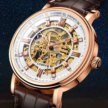 Мужские винтажные деловые автоматические часы LOBINNI со скелетообразным циферблатом, оттенком розового золота, коричневым кожаным ремешком, механические часы