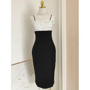 Высококачественное Элегантное платье с шипованными бусинами, инкрустированное бриллиантами, Черно-белое платье с подтяжками в тон, закрывающее Тонкие ягодицы