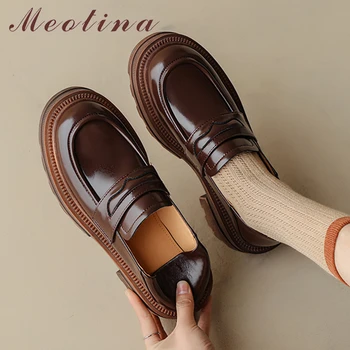 Meotina, женская обувь из натуральной кожи на платформе с круглым носком, женская модная лаконичная брендовая дизайнерская обувь, весна-осень, коричневый, черный