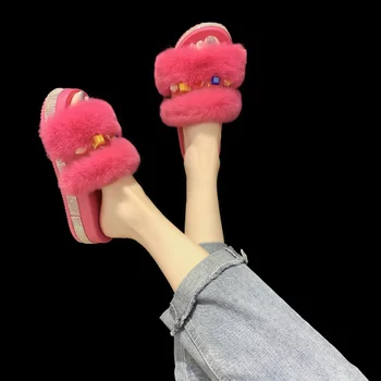 Роскошные Дизайнерские Женские Меховые Тапочки На Платформе И Танкетке, Однотонные Пушистые Меховые Шлепанцы, Пикантная Женская Обувь Zapatillas Mujer