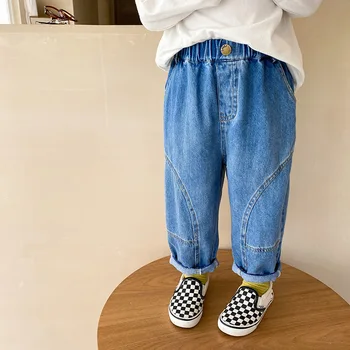 Модные осенние джинсы patchwokr для мальчиков, детские универсальные джинсовые брюки из выстиранного хлопка