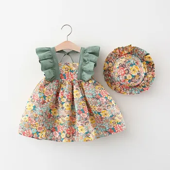 Летняя одежда для маленьких девочек, Новое платье с летящими рукавами в цветочек, Корейская версия, юбка принцессы с летящими рукавами, Мягкая шляпа