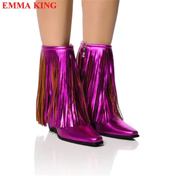 Новые женские ковбойские сапоги-пастушки 2023, модные ботинки в стиле вестерн с бахромой, острым носком, на массивном каблуке, женская обувь из кожи металлик
