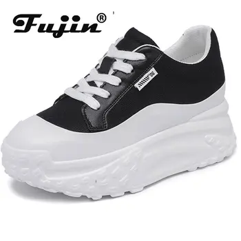 Fujin 7 см, джинсовая обувь из натуральной кожи на платформе и танкетке, массивные кроссовки, Повседневная Удобная Женская обувь высокого бренда, дышащая Весенне-летняя обувь