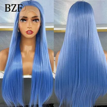 Парики на кружеве Haze Blue для женщин, косплей, парик светло-голубого цвета, прямые термостойкие синтетические волосы без клея 150 плотности,