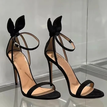 Летний Новый Кролик уха сандалии женщин черный лук моды на супер высоком каблуке с открытым носком сексуальный тонкий каблук банкетный высокие каблуки