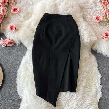 Весна Лето, Нерегулярная Черная юбка с разрезом наполовину, облегающая эластичная юбка в один шаг, OL Профессиональная короткая юбка