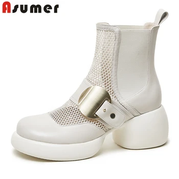 ASUMER / Новинка 2023, летние ботинки из натуральной кожи, женские сетчатые ботинки на круглом высоком каблуке, модные женские ботильоны на платформе
