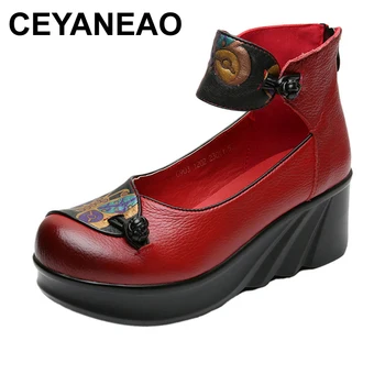 Женская обувь CEYANEAO из натуральной кожи на высоком каблуке 5 см, летняя обувь ручной работы, туфли-лодочки, женская обувь на танкетке из цветочной кожи