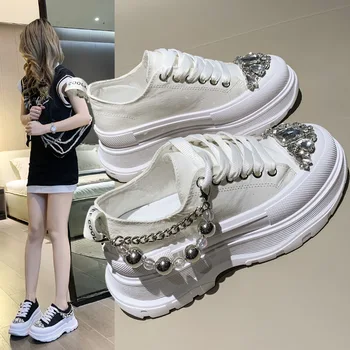 Женские массивные кроссовки, спортивная обувь на платформе со стразами, Летняя Повседневная обувь, увеличивающая рост, Женская парусиновая обувь на высоком каблуке 7 см