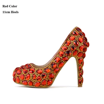 Красные с золотыми кристаллами Свадебные вечерние туфли на тонком каблуке, вечерние туфли большого размера на очень высоком каблуке 14 см