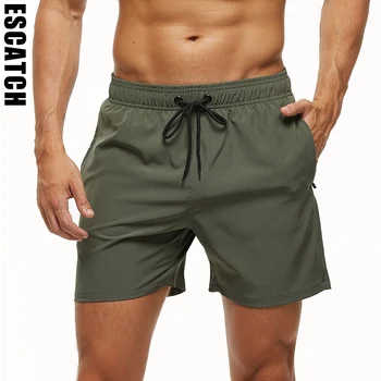 Мужские эластичные плавки марки Escatch 2023, быстросохнущие пляжные шорты с карманами на молнии и сетчатой подкладкой