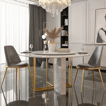 Сочетание итальянского минималистичного мраморного обеденного стола и стула, круглый современный легкий роскошный маленький семейный круглый стол