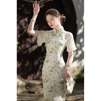 2023 Винтажное летнее женское платье Чонсам зеленого цвета в китайском стиле с цветочным рисунком Повседневные элегантные улучшенные длинные платья