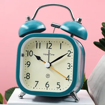 Квадратный металлический колокольчик, звенящий будильник, домашние прикроватные часы с бесшумной разверткой, вторые ночные световые часы
