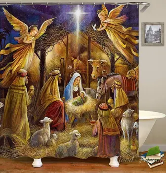 Рождение Иисуса, ретро Бежевая водонепроницаемая ткань из полиэстера, декоративные занавески для ванной с принтом, комплект крючков