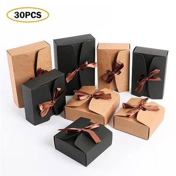 Коробки из Крафт-бумаги 30ШТ Упаковка для шоколадного печенья и торта Подарочная коробка с лентой Картонная упаковка для вечеринки, свадьбы, коробки для хранения сумок