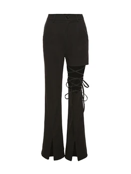 Женские Винтажные Черные брюки с высокой талией и разрезным подолом 2023, Модный Новый дизайн с открытой повязкой, женские брюки в стиле ретро, уличная одежда в стиле шик