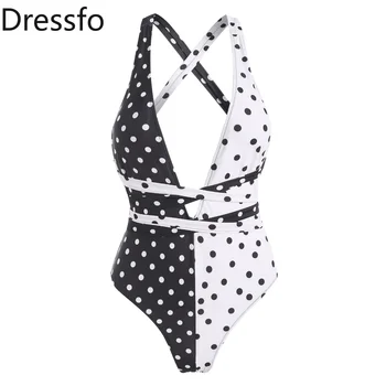 Dressfo Двухцветные купальники в черно-белый горошек в стиле пэчворк с открытой спиной, крест-накрест, цельный купальник, женское бикини для купания, пляжная одежда