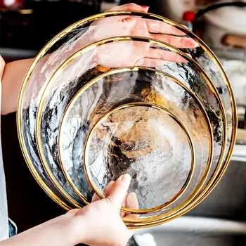 Стеклянная тарелка Ins Gold Gdge, Миска, Скандинавская посуда, Тарелка для стейка, Креативный Поднос, Фруктовый Салат, Прозрачные Красочные Тарелки, 1шт