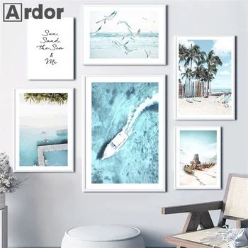 Плакаты с голубым океаном, пляжем, чайками, природными пейзажами, художественная печать на кокосовой пальме, Летняя живопись на холсте, Скандинавские картины, декор для гостиной