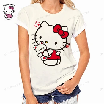 Женская футболка с рисунком HELLO KITTY, модная повседневная милая футболка 90-х, женская одежда, женская футболка с короткими рукавами
