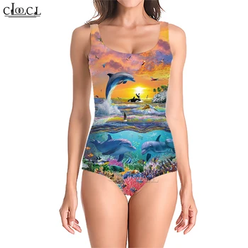 Купальник с принтом Дельфина CLOOCL, без рукавов, летняя Прохладная одежда для плавания, женское модное боди с эффектом пуш-ап, купальный костюм