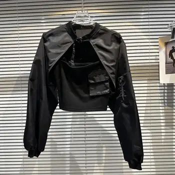 Весна 2023, новая куртка с круглым вырезом, короткий женский модный топ с шалью + черная высококачественная куртка из двух частей с ремешком