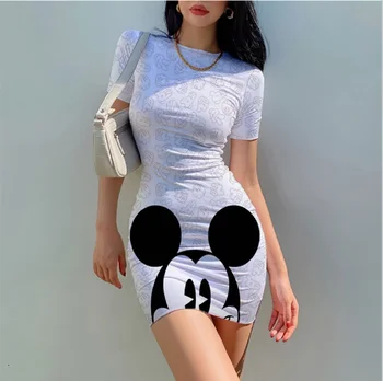 Бренд Disney с круглым вырезом и коротким рукавом, Облегающее Мини-платье, Базовая Женская Летняя вечеринка, Сексуальная клубная одежда 2022, платья с принтом Микки Мауса