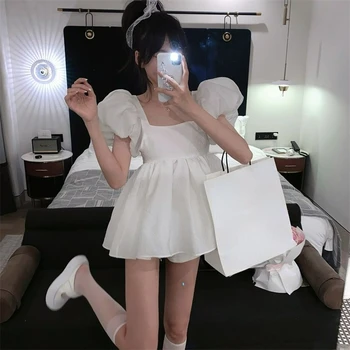Сексуальное мини-платье с открытой спиной, женское белое платье с пышными рукавами, повседневные Корейские вечерние платья, женское милое платье Y2k с высокой талией на Новый 2022 год