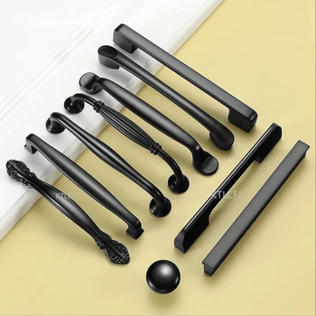 Алюминиевая ручка комода в американском стиле с цветочными ручками, Ручки для выдвижных ящиков, Черная фурнитура для ручек