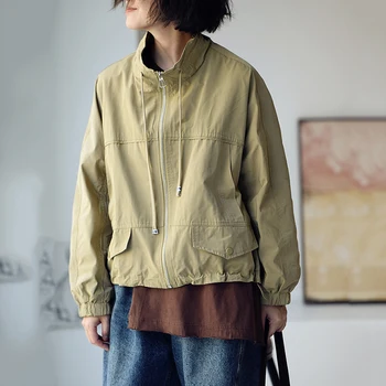 Короткая женская куртка-бомбер на молнии, весеннее однотонное пальто с воротником-стойкой и завязками, 2023, Новая женская уличная бейсбольная куртка, осень