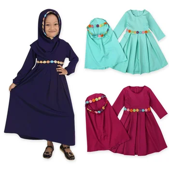 Мусульманские Дети Абая Вышивка Макси Платье Комплект Детской Одежды Костюмы Хиджаб Девушка Длинный Халат Платья Кимоно Джуба Ид Рамадан Арабский Исламский