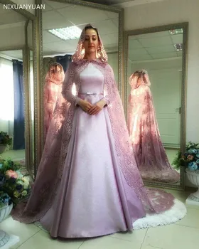 Арабское мусульманское Атласное свадебное платье с длинным рукавом, Длинное свадебное платье 2023, вечернее платье Плюс размер, свадебные платья с вуалью