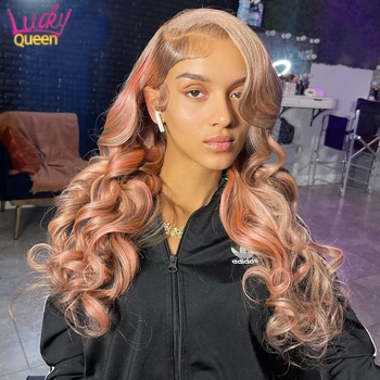 Выделите светло-розовый парик из человеческих волос 13X4 Прозрачный HD Кружевной парик спереди Светло-коричневого цвета Объемная волна 13X6 Фронтальный парик для женщин