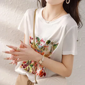 Женская летняя футболка Harajuku с круглым вырезом и коротким рукавом, элегантная футболка в стиле харадзюку, винтажный пуловер, свободные белые топы из искусственного шелка с цветочным принтом.