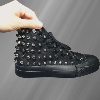 Парусиновая обувь с высоким берцем, черные удобные цилиндрические заклепки, спортивная обувь в стиле хип-хоп, заклепки ручной работы, нейтральная вулканизированная обувь 35-46