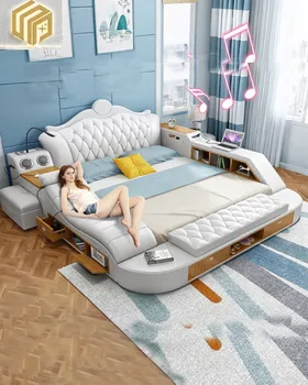 Европейская двуспальная кровать-татами, интеллектуальная массажная мягкая кровать, современное и простое хранение, многофункциональная кожаная кровать в главной спальне