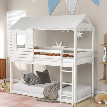 Двухъярусная кровать Twin Over Twin Деревянная кровать-чердак с крышей, окном, перилами, лестницей для детей, подростков, девочек, Мальчиков (белая)