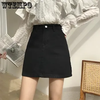 Однотонные джинсовые юбки WTEMPO, женские летние Белые Черные базовые Короткие юбки трапециевидной формы с высокой талией, женский элегантный школьный сарафан для студентов