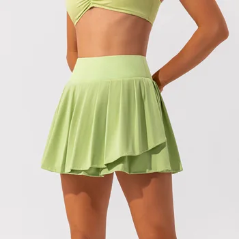 Весенняя юбка для тенниса телесного цвета, спортивная юбка для фитнеса, бадминтона, искусственная юбка из двух частей, карманы для бега, повседневная плиссированная короткая юбка, женская юбка