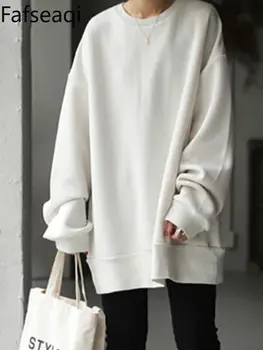 Новая Корейская женская базовая толстовка с круглым вырезом, Женские осенне-зимние коричневые толстовки оверсайз 2023, повседневные длинные пуловеры Harajuku для девочек