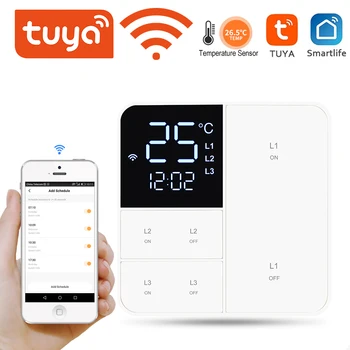 Умный переключатель Wi-Fi Tuya с функцией отображения температуры и времени, 100-240 В, 1/2/3 группы, настенный светильник, кнопочный переключатель времени, пульт дистанционного управления