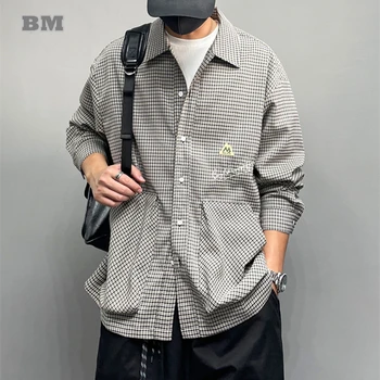 Демисезонная Модная высококачественная клетчатая рубашка в стиле хип-хоп, мужская одежда, Корейская уличная одежда, свободные топы, повседневные тонкие пальто в стиле харадзюку.